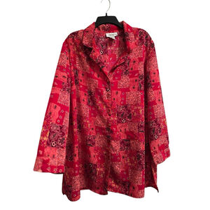 Brylane Woman Collection Long Blouse Size 1X RED Long Sleeves Button Floral